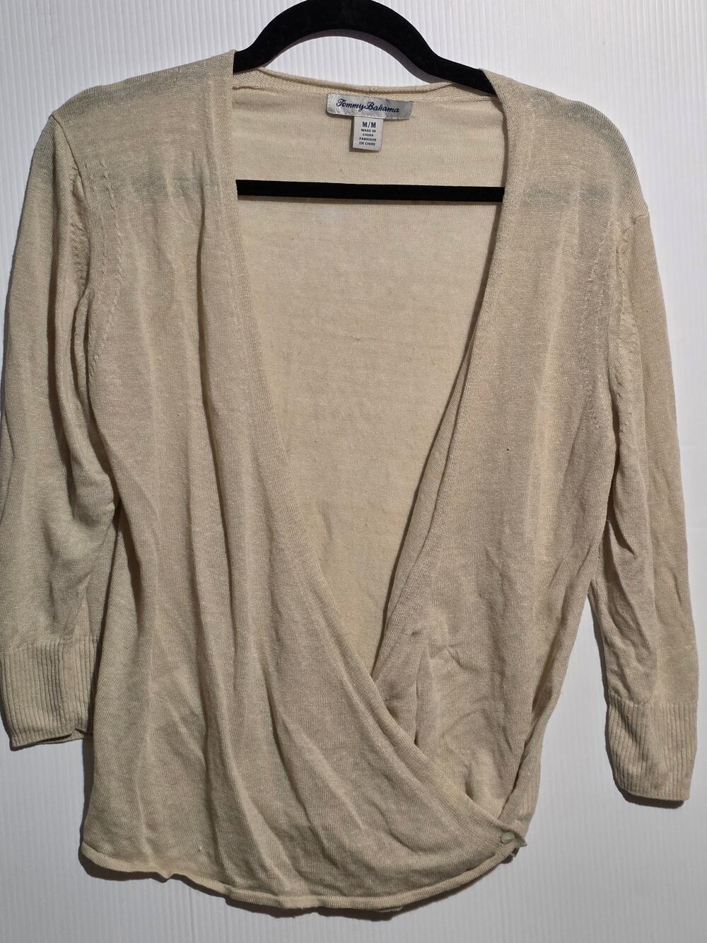 Tommy Bahama Beige Wrap Cardigan Size M Neutral Fine Knit Open Front Sweater Top
